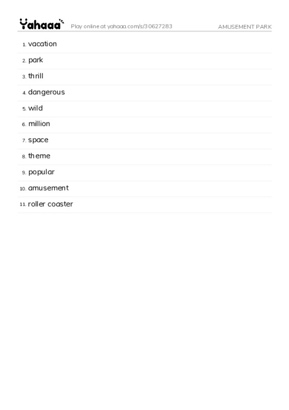 Word list with meanings worksheet for AMUSEMENT PARK