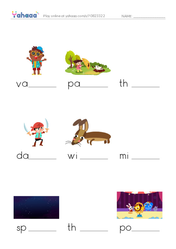 Finish the word worksheet for AMUSEMENT PARK