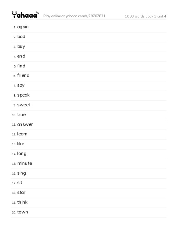 Word list with meanings worksheet for 1000 words book 1 unit 4