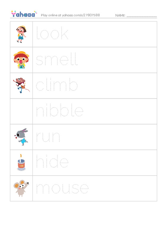 Picture and word rows worksheet for mouse in the city 