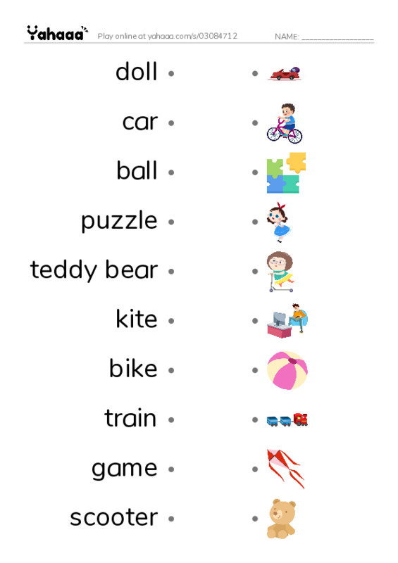 Draw a line to match worksheet for TOYS