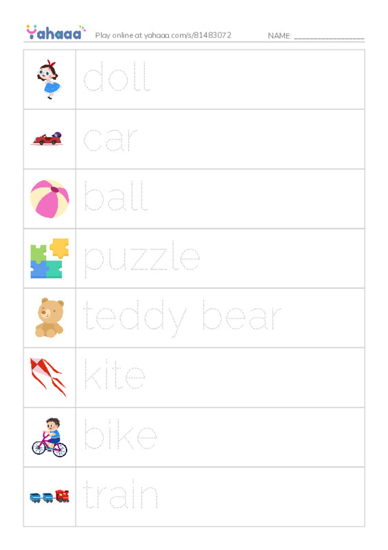 Picture and word rows worksheet for TOYS