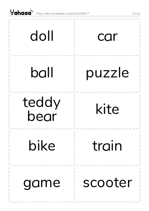 Word flashcards worksheet for TOYS
