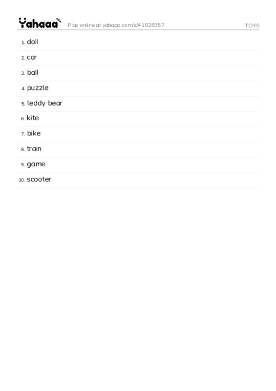 Word list with meanings worksheet for TOYS