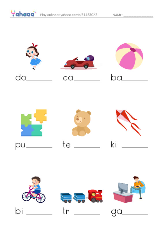 Finish the word worksheet for TOYS