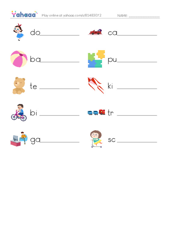 Write the word rows worksheet for TOYS