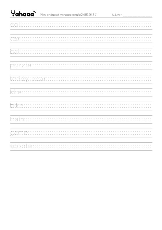 Handwriting lines worksheet for TOYS