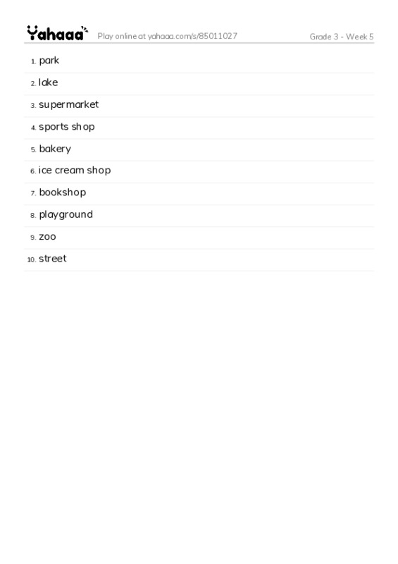 Word list with meanings worksheet for Grade 3 - Week 5