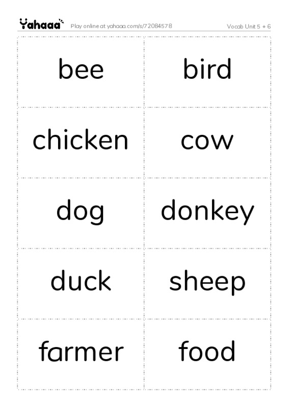 Word flashcards worksheet for Vocab Unit 5 + 6