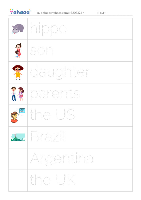 Picture and word rows worksheet for review vocabulary