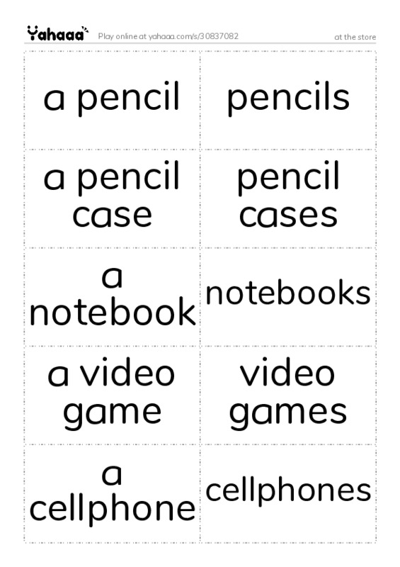 Word flashcards worksheet for at the store