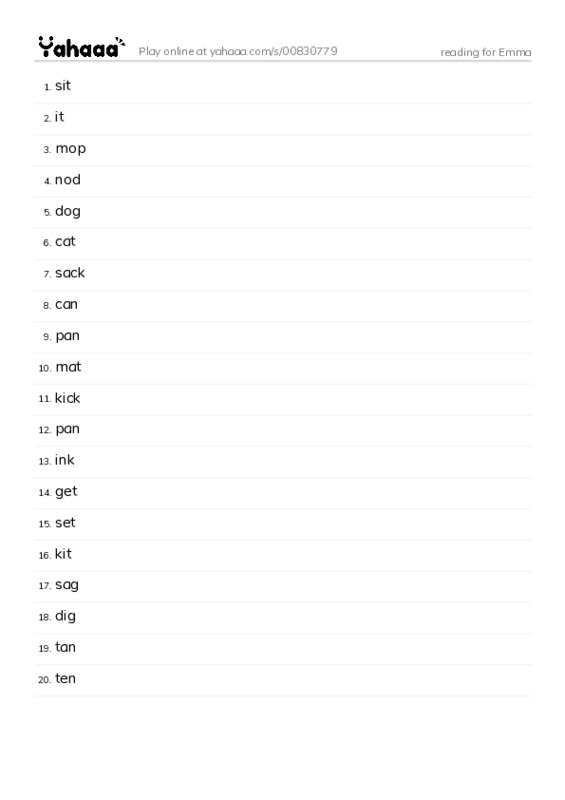 Word list with meanings worksheet for reading for Emma 