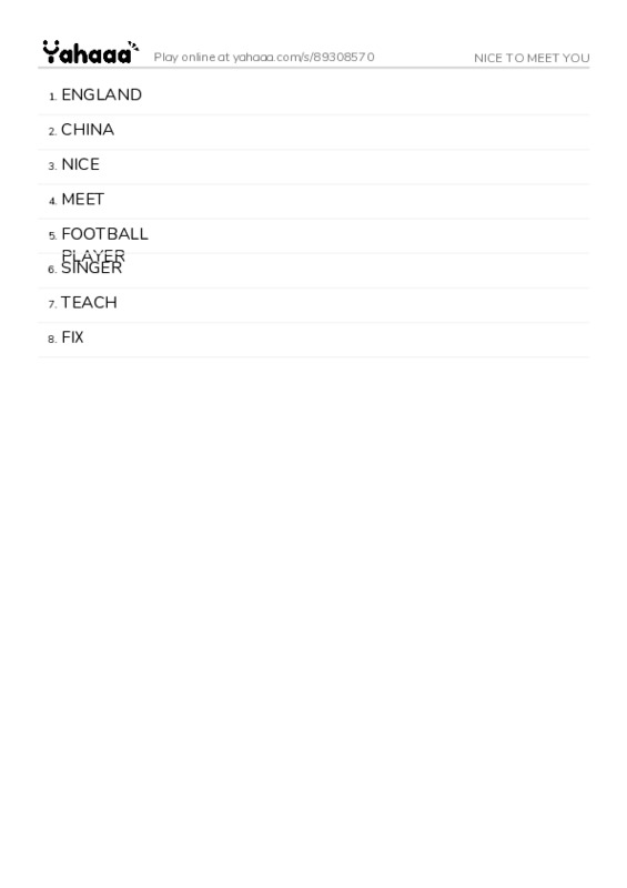 Word list with meanings worksheet for NICE TO MEET YOU