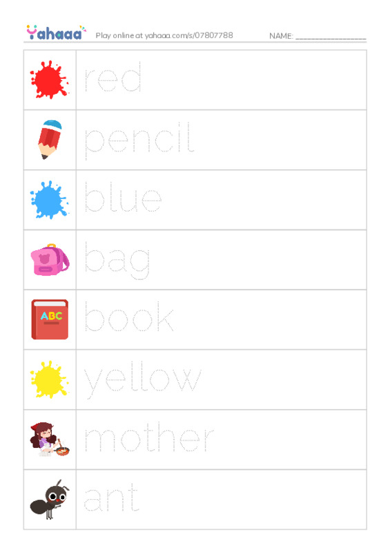 Picture and word rows worksheet for Review Unit 1-3