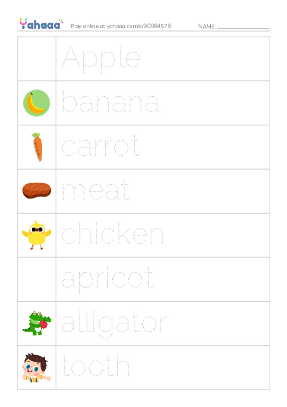 Picture and word rows worksheet for Unit 1 fruits