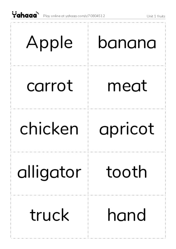 Word flashcards worksheet for Unit 1 fruits