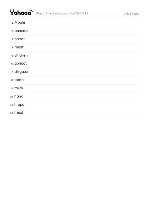 Word list with meanings worksheet for Unit 1 fruits