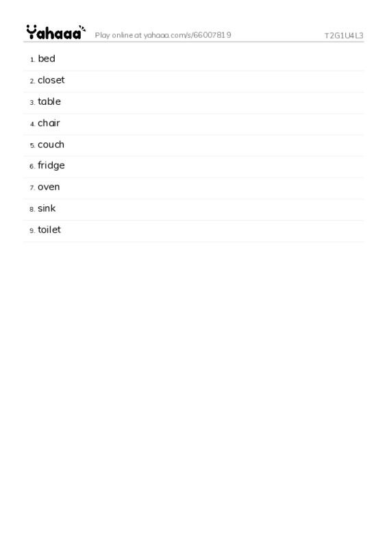 Word list with meanings worksheet for T2G1U4L3