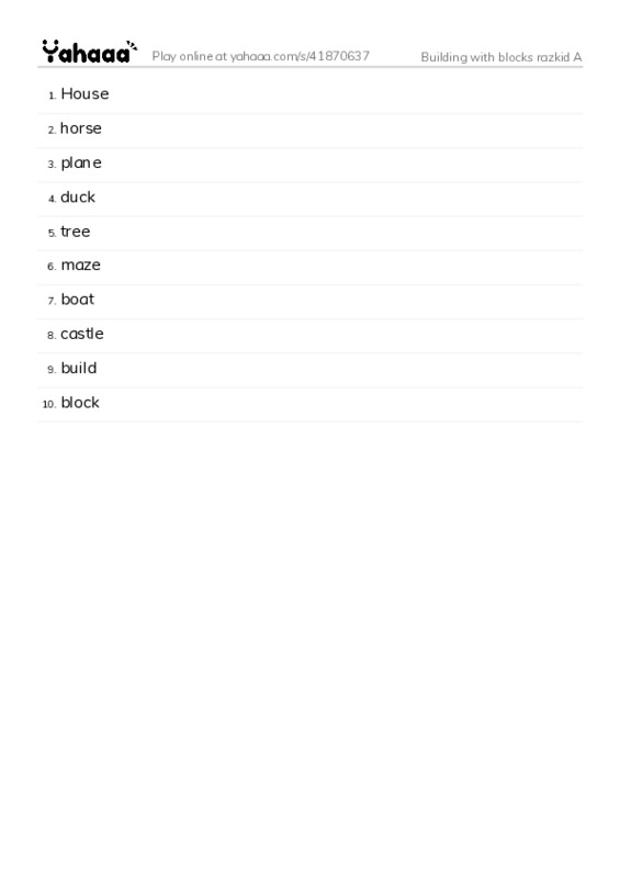 Word list with meanings worksheet for Building with blocks razkid A 